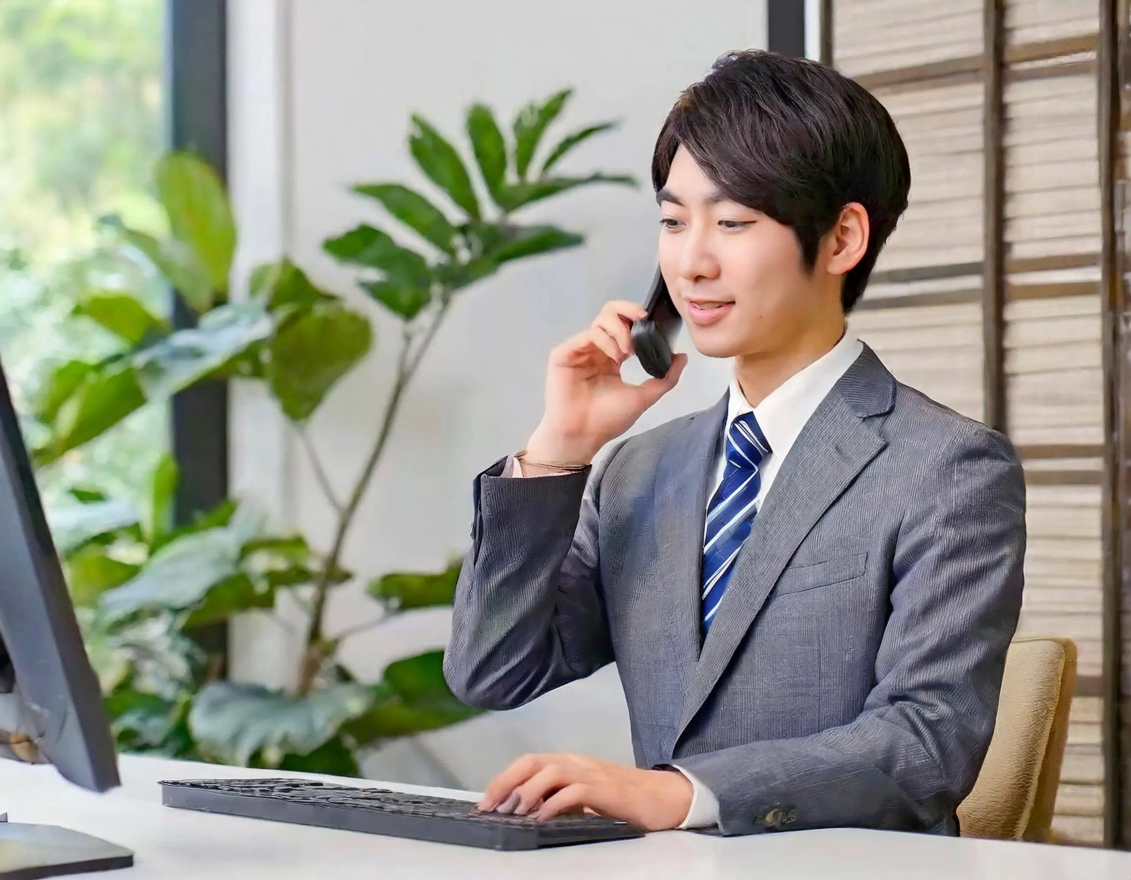 PCの前で電話対応をするスーツ姿の男性社員