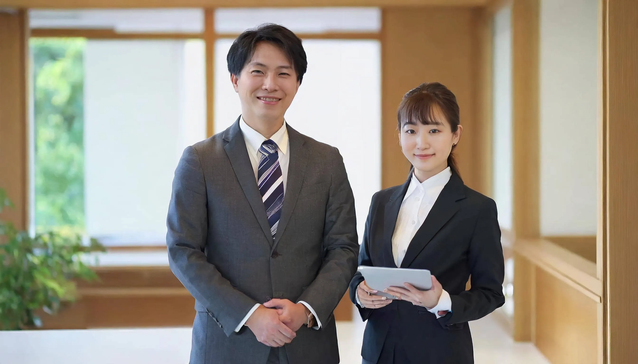 制度利用者である男女社員の記念撮影