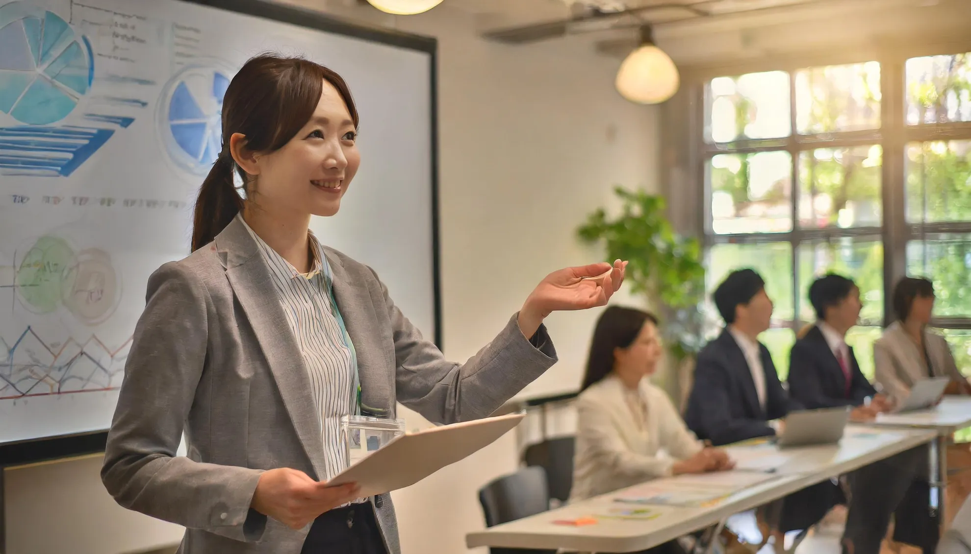 入社前研修で笑顔で説明をする女性社員の様子